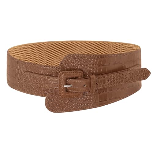 Women's Wide Stretchy Cinch Belt Brown Vintage Chunky Buckle Belts for Dress