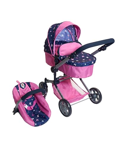 Bayer Chic 2000® 3in1 Kombi Puppenwagen Linus - Butterfly Navy-Pink- faltbar, höhenverstellbarer Griff 47-78 cm, mit Autositz – Puppen bis 52 cm, 4-8 J.