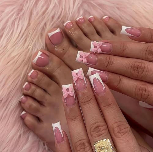 Image of 48 Pcs Square Press on Nails & Press on Toenails Set White French Tip Nail with Bow Design Glue on Nails Artificial Acrylic Full Cover Fake Nails Glossy Stick on Toe Nails for Women Summer Manicure