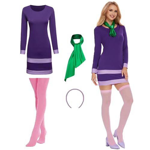 KDAFJLKD Halloween Costume Women Long Sleeve Adult Purple Dress with Scarf Headband Socks (Small)