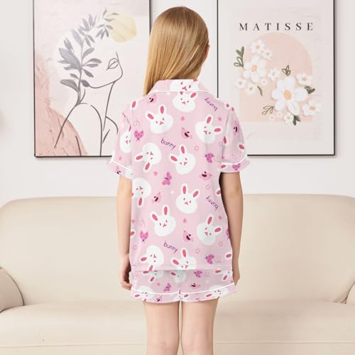 Cute Simple Bunny Pink Prints Summer Satin Pajama Set, Cute Button-Down Sleepwear Pj Set for Sleep Wears4