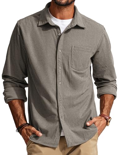 PJ PAUL JONES Men's Casual Button up Shirt Long Sleeve Untucked Shirt Lapel Collar Shirts with Pocket Grey Green