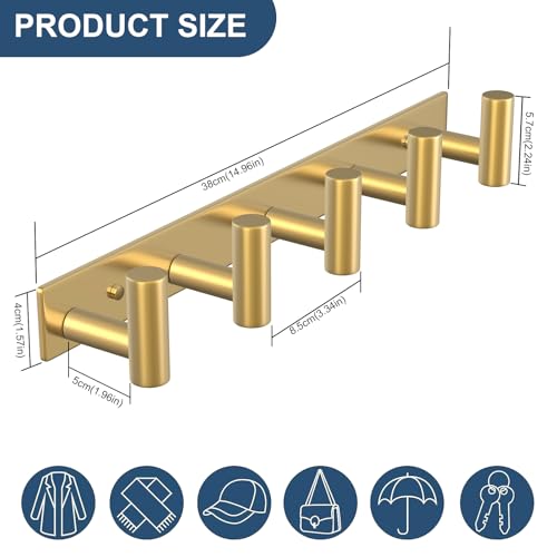 Image of PMMASTO Coat Rack Wall Mounted, 5 inchT Shaped Wall Hooks for Hanging, Heavy Duty Stainless Steel Coat Hook Rail for Hat Towel Robes in Bathroom Kitchen Mudroom Entryway (Gold, 1 Pack)