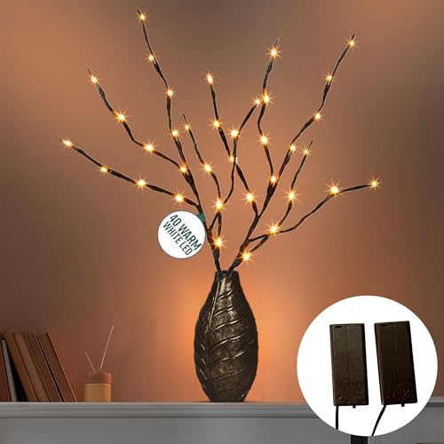 GloBrite 2 Pack LED Twig Branch Lights - Warm White Decorative Willow Branches, Battery Powered Lights, Home & Indoor Christmas Decorations, Cozy Festive Décor with Brown Branches (20 LEDs)