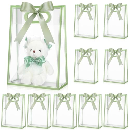 Aliceset 12 bolsas de regalo de plástico transparente con asas troqueladas, bolsa de flores de polipropileno reutilizable con cinta para boda, novia, cumpleaños, baby shower, fiesta, negocios, 7 x 10