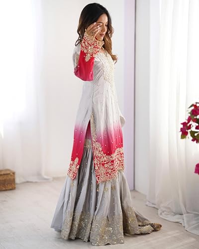 Image of Pandadi Saree Women's Chinon Silk Embroidery Kurta Sharara Set With Dupatta.
