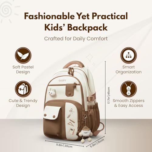 Image of Cute School Backpack for Girls - Stylish Pink & White Large Capacity Bookbag with Plush Keychain, Multiple Pockets, Lightweight Travel & College Bag