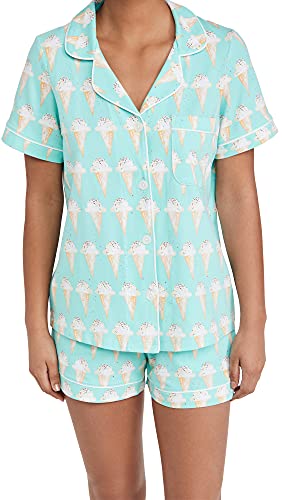 BedHead Pajamas Women's Classic Shorty PJ Set, Treat Yourself, Blue, Print, Medium