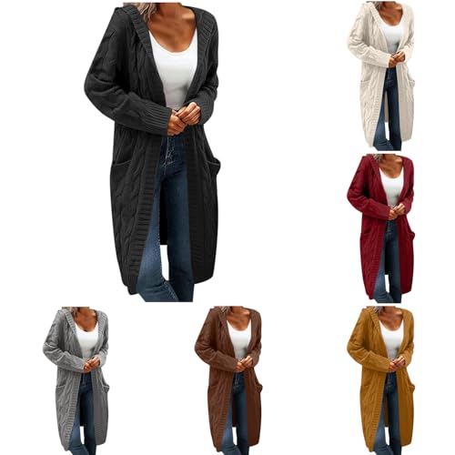 pullover & strickjacken für damen, Strickjacke Damen Langarm Grobstrick-Cardigan Pullover mit Kapuze Strickcardigan Casual Herbst Winter Lang Strick Strickmantel mit Tasche Mantel S-3XL Schwarz XL