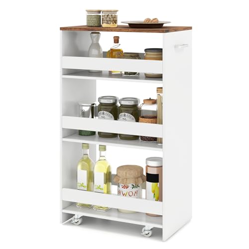 COSTWAY Chariot de Rangement 30 cm à roulettes, Desserte de Cuisine Etroit à 4 Niveaux avec Poignée Latérale et Roues Universelles avec Freins, Design Étroit pour...