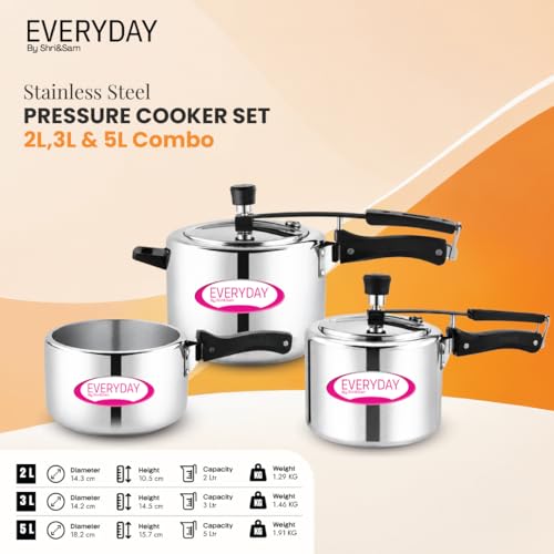 Image of Everyday Stainless Steel Pressure Cooker Combo Set (2L + 3L + 5L) | 2 Litres & 3 Litres Cooker with a Common Lid | Mirror Finish | Inner Lid Design | Gas & Induction Compatible
