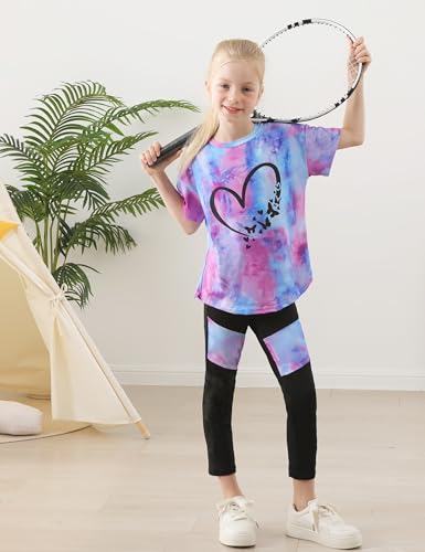 Image of Girls 2 Piece Outfits Kids Clothes Pants Sets Print Short Sleeve Top Leggings Spring Summer Tracksuit 4-13Y