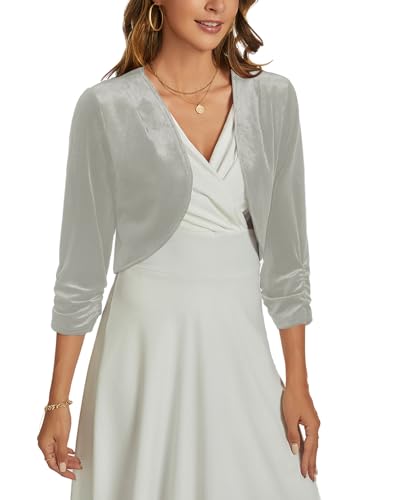 Image of Womens Velvet Bolero Shrug Elegant Open Front Ruched 3 /4 Sleeve Cocktail Party Cropped Cardigan