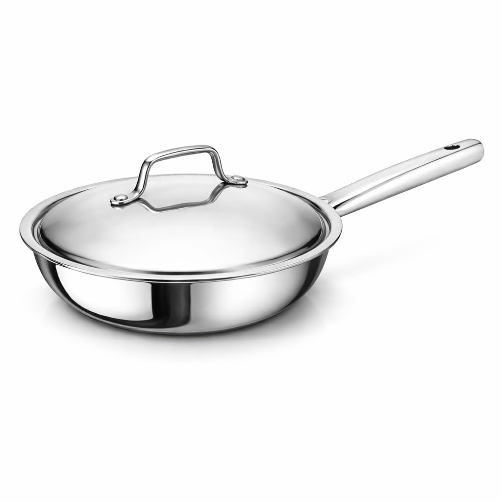 Tri-Ply Stainless Steel Frying Pan with Lid 24cm | Triply Construction with Aluminium Core, Heavy Duty Skillet with Glass Lid, Riveted Handle, Induction Compatible (1.7 LTR)-image-41
