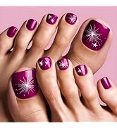 Square Press on Toenails Purple Fake Toe Nails with Star Firework Designs Glossy Full Cover Acryl...