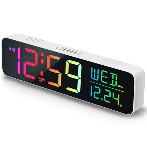 Image of Peakeep Large Display Digital Alarm Clock for Bedroom with Date Day of Week | Colorful Calendar Desk Table Clocks for Living Room Office, Dimmable Electric Clock Battery Backup, 5 Volumes, Loud, Auto DST