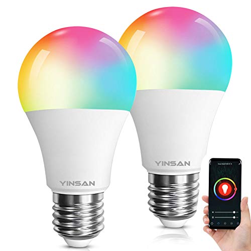 Bombilla LED Inteligente WiFi- YINSAN 2 Pack Bombilla Inteligente Regulable RGB 8.5W E27 Multicolor Bombilla Compatible funciona con Alexa Altavoz Inteligente y Google Home