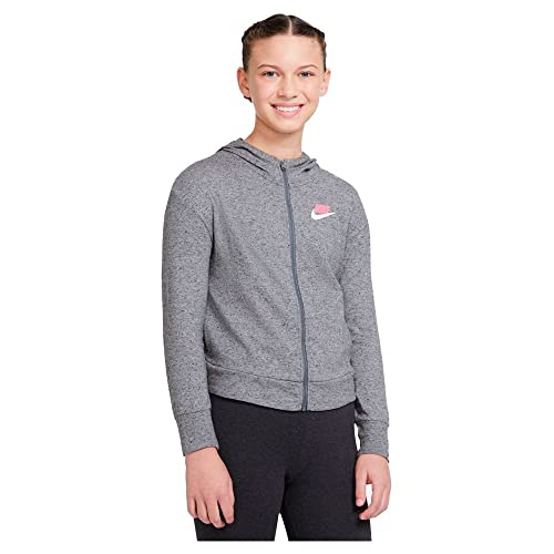 Nike Sportswear Big Kids' (Girls') Full-Zip Jersey Hoodie (Medium, Carbon Heather/Smoke Grey/Sunset Pulse)