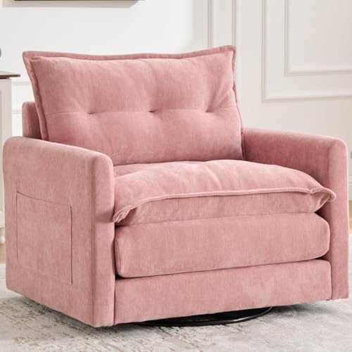 Kolavess Oversized Swivel Chair, 36" Chenille Swivel Armchair Accent Chair for Living Room, Mid Century Modern Comfy Thick Padded Arm Chairs, Pink