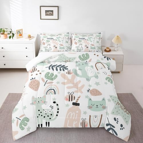 Image of Feelyou Cartoon Rainbow Kitten Print Comforter Set - Toddler Size, Kawaii Pet Cats and Flowers Duvet Set