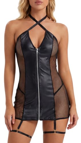 Vestido corto de malla transpirable y textura efecto piel 1