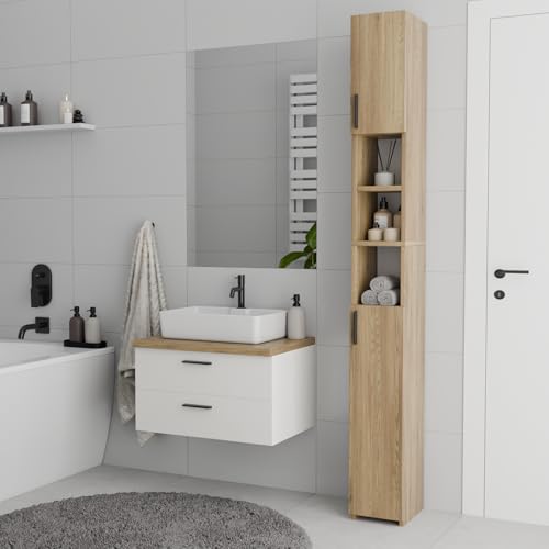 Miniatura 2 de Comfortcove Mueble De Baño Alto Y Estrecho, Mueble Auxiliar Baño, Mueble Una Estantería Ideal También Para El Salón Y La Cocina, Columna De Almacenamiento, 2 Puertas, Roble