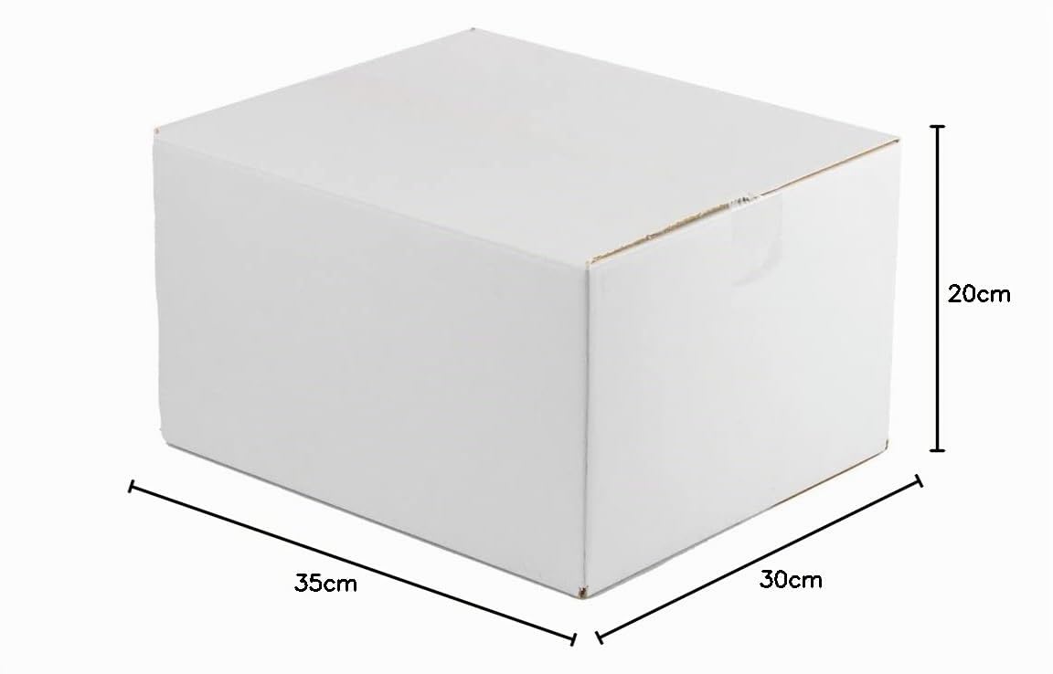 Lot de 20 boîtes en carton de couleur blanche. Dimensions intérieures (L x l x H) : 35 x 30 x 20 cm. Boîtes en carton avec rabats canal simple renforcé pour expéditions, colis, déménagements, cadeau..
