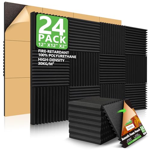 24 Pack Acoustic Panels Self-Adhesive, 2' X 12' X 12' Sound Proof Foam Panels, Quick-Recovery Acoustic Foam Wedges,High Density Soundproofing Wedges,Soundproof Wall Panels for Home Studio