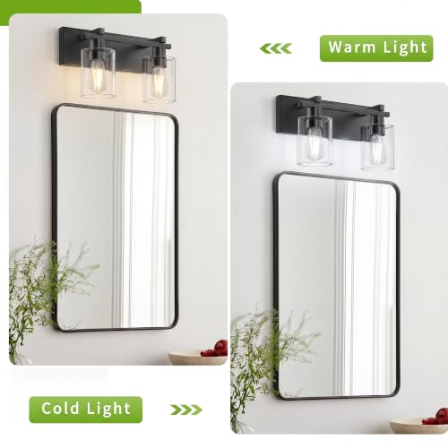 Image of Bathroom Light Fixtures Over Mirror, 2-Light Modern Matte Black Bathroom Vanity Light, Wall Lights with Clear Glass Shade, Living Room, Bedroom, Hallway, E26 Base