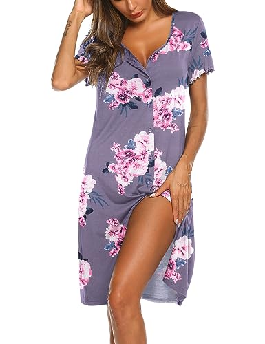 Image of Ekouaer Women's Nightshirt Short Sleeve Button Down Nightgown V-Neck Sleepwear Pajama Dress