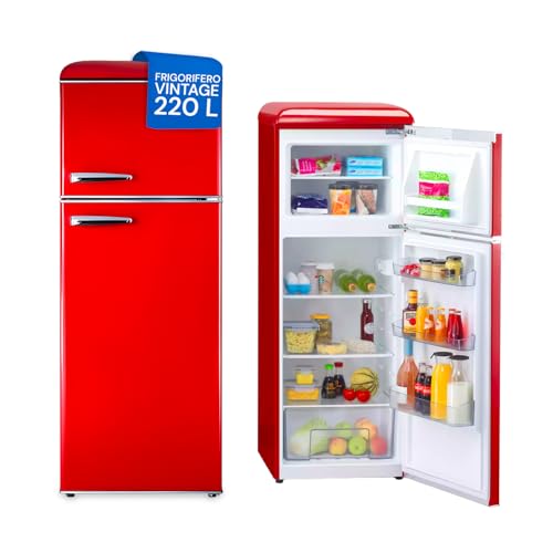 Wintem - Frigorifero Doppia Porta da 220L con Freezer Integrato, Sistema Total Defrost e Ripiani in Vetro Temperato, Frigorifero Silenzioso per Ambienti Vintage e Moderni Rosso