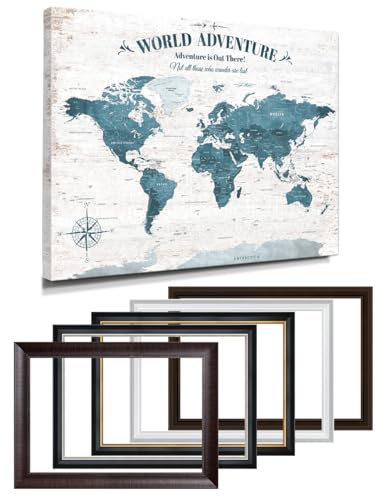 Image of IPIC - Large Personalized World Map Canvas Wall Art, Push Pin Travel Map with Custom Names to Track Your Travels, Vintage Teal Framed Wall Decor for Home, Office or RV, Made in USA
