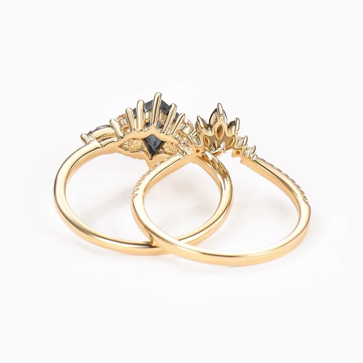 10K/14K/18K Gold Natural Salt and Pepper Ring Set Diamond Kite Cut Round Salt and Pepper Ring Set for Women Personalized Engagement Wedding Band Jewelry Gift for Mother’s Day Women Mom Her4