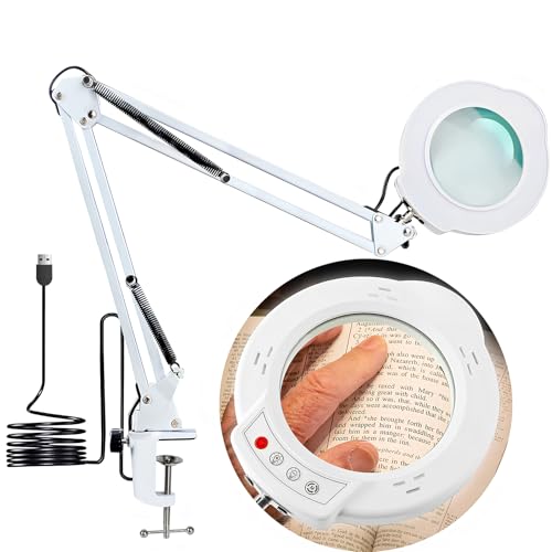 HYEIOL LED Magnifying Glass with Light,5 Color Modes 10 Brightness Dimmable Magnifying Lamp with Desk Clamp, 10X Lens,Adjustable Swivel Arm for Hobbies Craft Reading Work Sewing