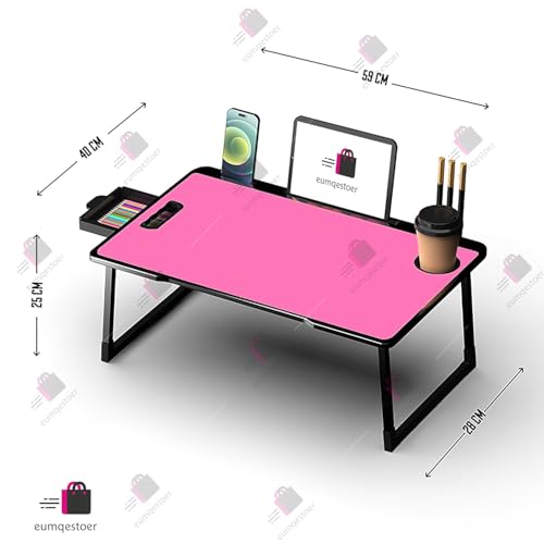 Image of Foldable Wooden Mini Laptop Table for Bed, Study Table with Drawer, Tablet /Mobile Holder for Kids & Adults (US-Pink COTED)