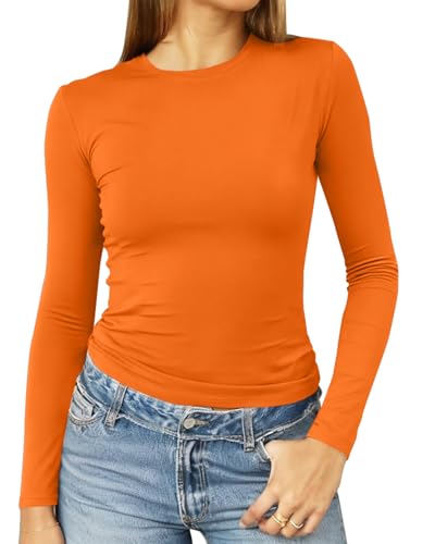 Abardsion Womens Long Sleeve Shirts Spring 2026 Casual Basic Going Out Crop Tops Slim Fit Tight Y2K Clothes(Orange, M)