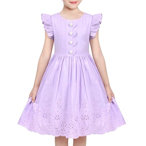 Sunny Fashion Mädchen Kleid Lila Spitze Blumen- Stickerei Taste Rüsche...
