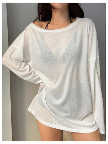 Women's Off Shoulder Swimsuit Coverup See Through Long Sleeve Bathing Suit Cover Up Beachwear4