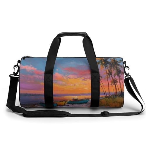 Beach with Palm Trees Sunset Travel Gym Bag for Women Men Cylindrical Duffle Bag Sport Workout Bag with Shoulder Strap