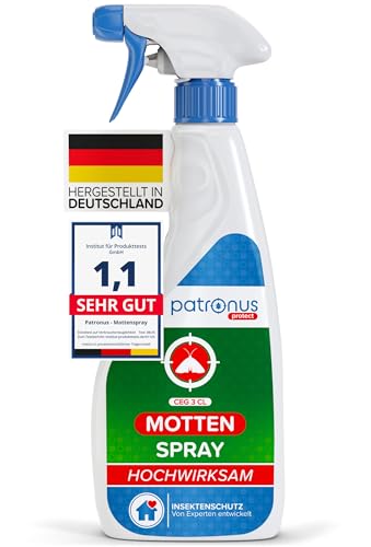 Patronus Mottenspray 500 ml - hochwirksame Abwehr gegen Kleidermotten & Lebensmittel-Motten - Motten-Spray für Kleiderschrank, Teppich, Textilien & Küche - mit dezentem Eukalyptus-Zitrusduft