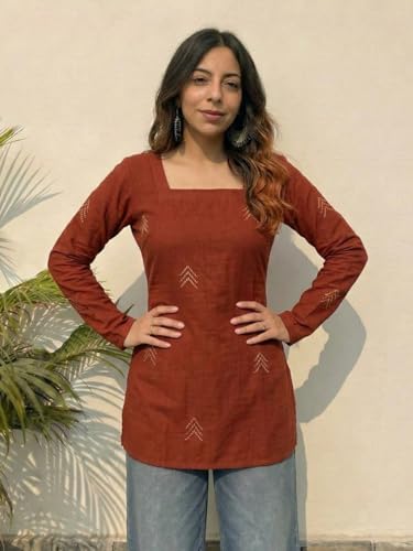Image of ANNI Designer Women's Viscose Blend Printed Short Kurti | Straight Fit Casual Ethnic Top | Square Neck 3 /4 Sleeve Kurta Office College