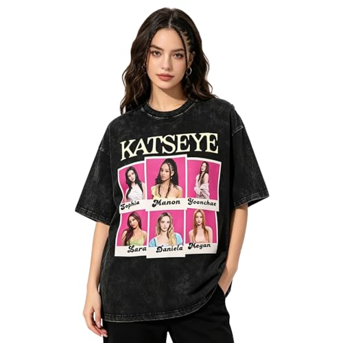 Mengmiao Y2K K-Katseye Shirt Damen Herren Katseye Print Kurzarmshirt katseye Merch Tee Baumwolle T-Shirt Rundhalsausschnitt Kurze Ärmel Shirt Y2K Mode Harajuku Hip-Hop-Stil Sommer Tee Retro