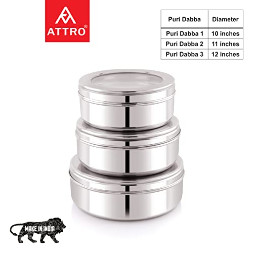 Image of Attro Stainless Steel Puri Dabba with See Through Lid, Flat Canisters, Food Storage Containers, Roti, Paratha, khakhra, Thepla, Big (1100ml), Medium (900 ml), Small (700ml) - Set of 3