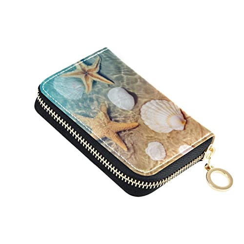 OTVEE Beach Starfish and Seashell RFID Credit Card Wallet, Microfiber Leather Zipper Card Case Holder for Women