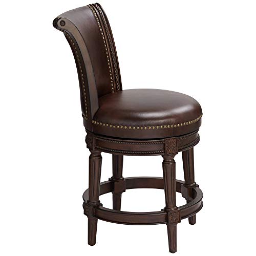 55 Downing Street Addison Walnut Wood Swivel Bar Stool Brown 26" High Traditional Scroll Mocha Grain Leather Upholstered Round Cushion With Backrest Footrest For Kitchen Counter Island Home #TOP6