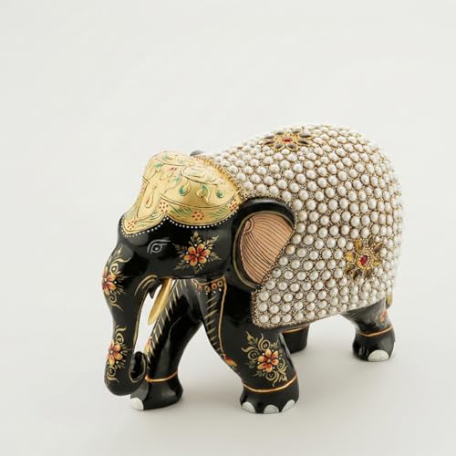Image of EL04 Black Temple Elephant Idol Pair 6x4x7.5 Inch | Heavy Teak Wood Multicolor Painted Elephant with Stick-On Stone Work for Home Mandir, Pooja & Living Room Decor, Premium Gift - Pack of 1