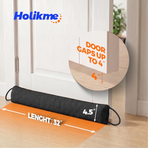 Image of Holikme Weighted Door Draft Stopper - Under Door Seal, 32inch Black | Heavy Duty Fabric, Removable Washable Cover, Hook-and-Loop Fasteners Included, Soundproof & Thermal Insulation, Energy Saving