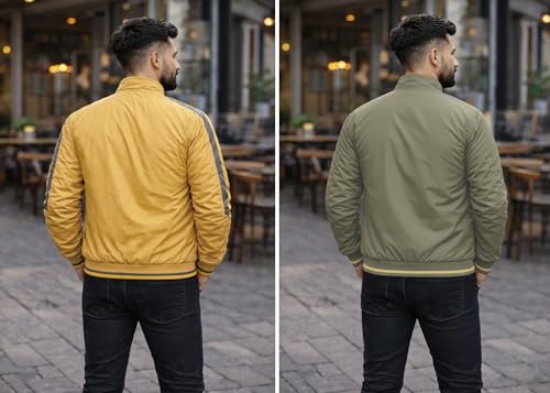 Image of Ben Martin Men's Stylish Reversible Bomber Jacket || Mustard & Olive Jacket For Men || Lightweight Nylon Winter Jacket with Ribbed Cuffs || Casual & Smart Winter Wear || Double Sided Winter Jackets.