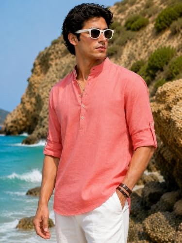 Image of Majestic Man Men's Pure Cotton Solid Mandarin Collar Slim Fit Roll-Up Sleeves Short Kurta Lightweight Summer Kurta for Daily & Occasion Use