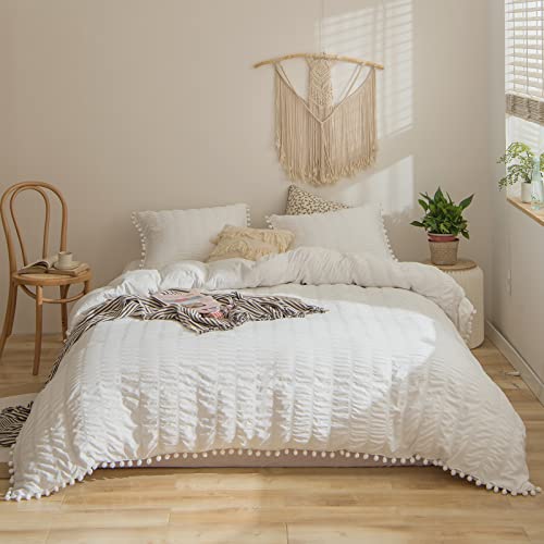 White Seersucker Comforter Set King Size And Cute Pom Pom Beige Body Pillow Case Bundle #TOP5